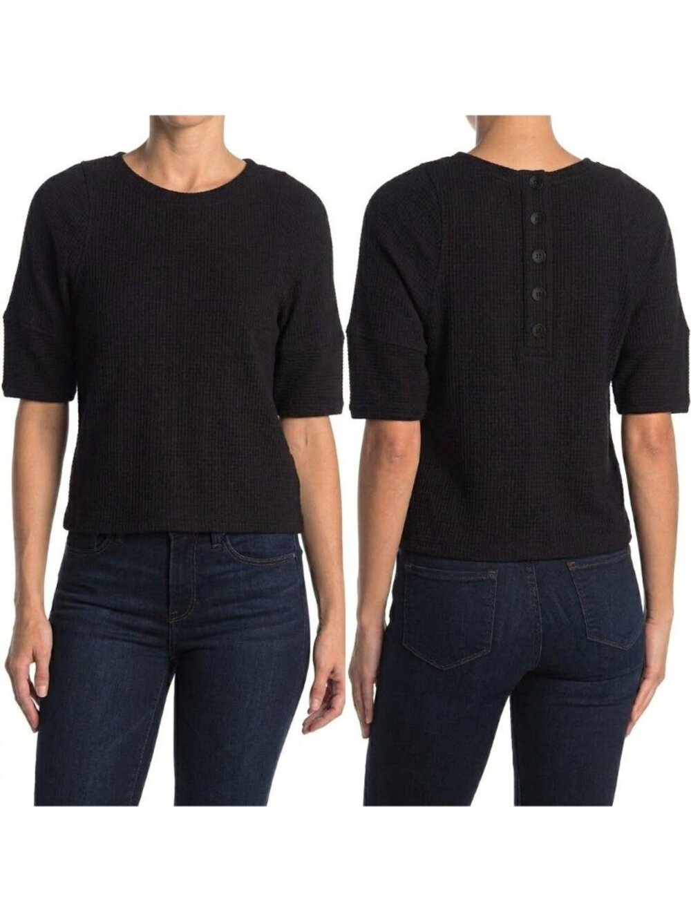 Madewell Top Size Large Ottoman Jacquard Button Back Short Sleeves Black Cotton